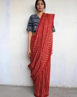 Maroon Block Printed Cotton Mul Saree - God