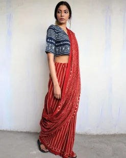 Maroon Block Printed Cotton Mul Saree - God