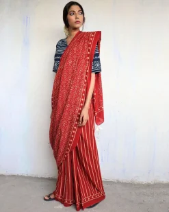 Maroon Block Printed Cotton Mul Saree - God