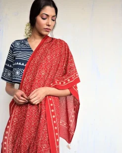 Maroon Block Printed Cotton Mul Saree - God