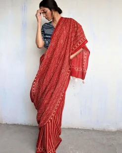 Maroon Block Printed Cotton Mul Saree - God