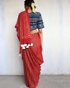 Maroon Block Printed Cotton Mul Saree - God