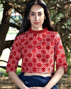 Maroon Blockprinted Cotton Crop Top Blouse With Frills