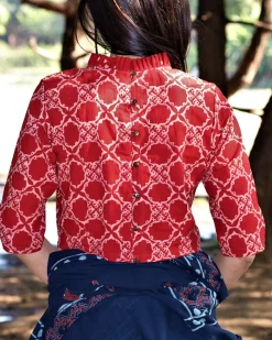 Maroon Blockprinted Cotton Crop Top Blouse With Frills