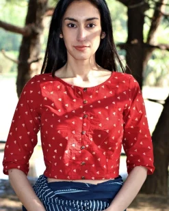 Maroon Blockprinted Crop Top Cotton Blouse