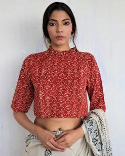 Maroon Frill Neck Handprinted Crop Top Cotton Blouse - God