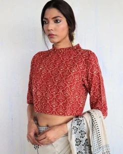 Maroon Frill Neck Handprinted Crop Top Cotton Blouse - God