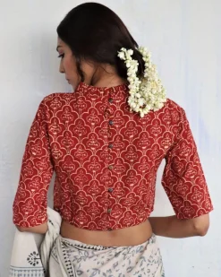 Maroon Frill Neck Handprinted Crop Top Cotton Blouse - God