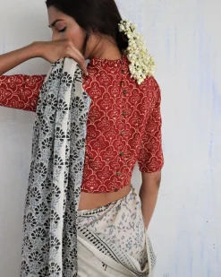 Maroon Frill Neck Handprinted Crop Top Cotton Blouse - God