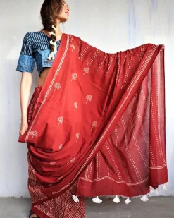 Marron Blockprinted Cotton Mul Saree - God