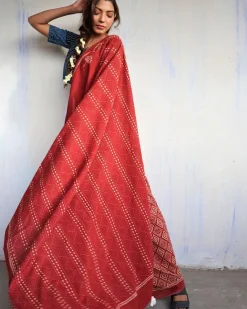 Marron Blockprinted Cotton Mul Saree - God