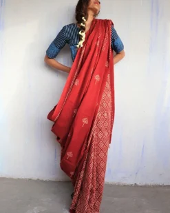 Marron Blockprinted Cotton Mul Saree - God