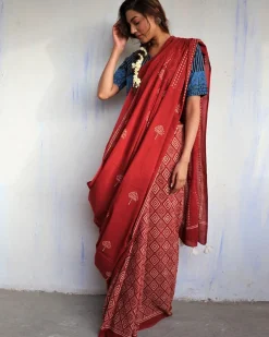 Marron Blockprinted Cotton Mul Saree - God