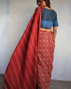 Marron Blockprinted Cotton Mul Saree - God
