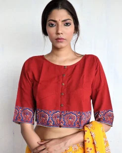 Marron Handprinted Cotton Crop Top Blouse - God
