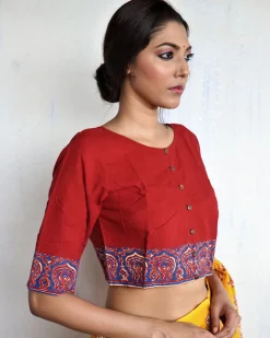 Marron Handprinted Cotton Crop Top Blouse - God