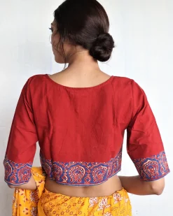 Marron Handprinted Cotton Crop Top Blouse - God
