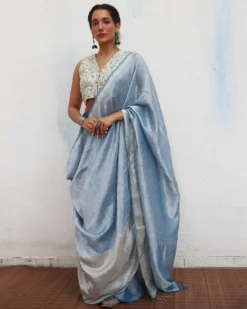 Mazha Handwoven Linen Zari Saree - Jheel