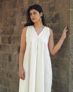 Melted Pearl Ivory Block Printed Dress - SFD