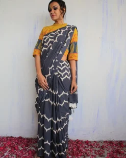 Midnight Blue & White Printed Pure Cotton Saree