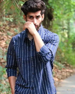 Midnight Blue Block Printed Cotton Shirt