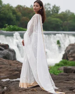 Milk Glass Kota Doria Ivory Block Printed Saree - SFD