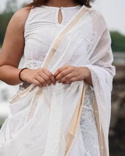 Milk Glass Kota Doria Ivory Block Printed Saree - SFD