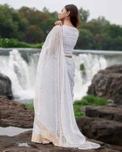 Milk Glass Kota Doria Ivory Block Printed Saree - SFD