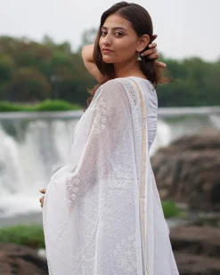 Milk Glass Kota Doria Ivory Block Printed Saree - SFD