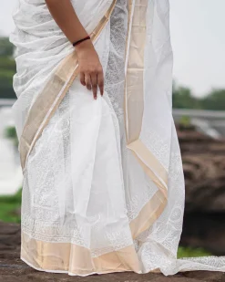 Milk Glass Kota Doria Ivory Block Printed Saree - SFD