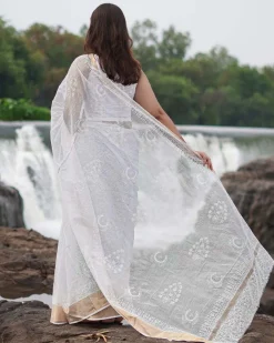 Milk Glass Kota Doria Ivory Block Printed Saree - SFD