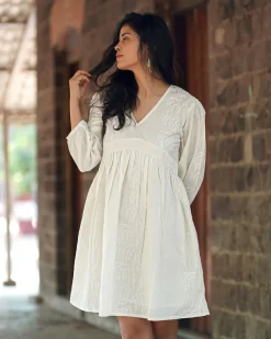 Mist on Marble Ivory Block Printed Dress -  SFD