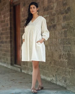 Mist on Marble Ivory Block Printed Dress -  SFD