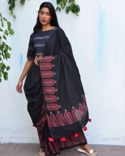 Moonlit Serenade Handblockprinted Mulmul Cotton Saree - Vnmn