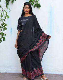 Moonlit Serenade Handblockprinted Mulmul Cotton Saree - Vnmn