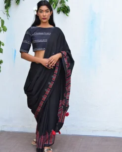 Moonlit Serenade Handblockprinted Mulmul Cotton Saree - Vnmn