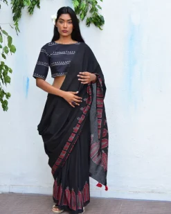 Moonlit Serenade Handblockprinted Mulmul Cotton Saree - Vnmn