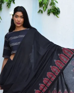 Moonlit Serenade Handblockprinted Mulmul Cotton Saree - Vnmn