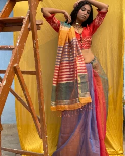 Multitone Sapphire Handwoven Pure Linen Zari Saree-Sahasa