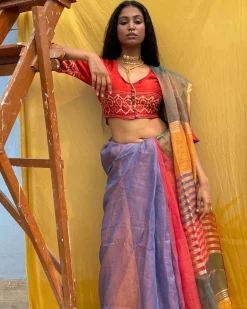 Multitone Sapphire Handwoven Pure Linen Zari Saree-Sahasa