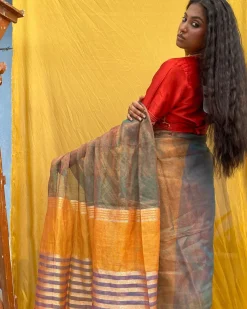 Multitone Sapphire Handwoven Pure Linen Zari Saree-Sahasa