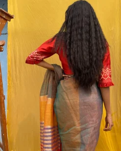 Multitone Sapphire Handwoven Pure Linen Zari Saree-Sahasa