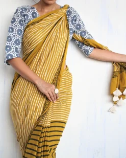 Mustard & White Striped Pure Cotton Block Print Saree