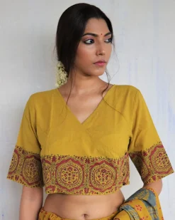 Mustard Angarakha Handprinted Cotton Crop Top Blouse - God