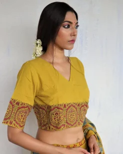 Mustard Angarakha Handprinted Cotton Crop Top Blouse - God