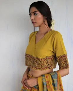 Mustard Angarakha Handprinted Cotton Crop Top Blouse - God
