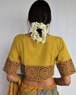 Mustard Angarakha Handprinted Cotton Crop Top Blouse - God