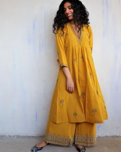 Mustard Block Printed Cotton Kurta Set Of 2 -Easy