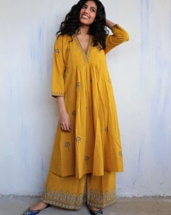 Mustard Block Printed Cotton Kurta Set Of 2 -Easy