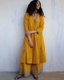 Mustard Block Printed Cotton Kurta Set Of 2 -Easy